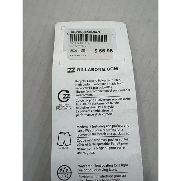 Billabong Men's Sundays Lo Tides Board Short with Pockets Sage Size 38 Unlined - Picture 9 of 9